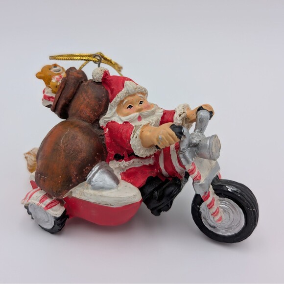 Motorcycle Santa Christmas Ornaments Set of 3 Hanging Resin Mr & Mrs Claus Biker - Picture 3 of 10